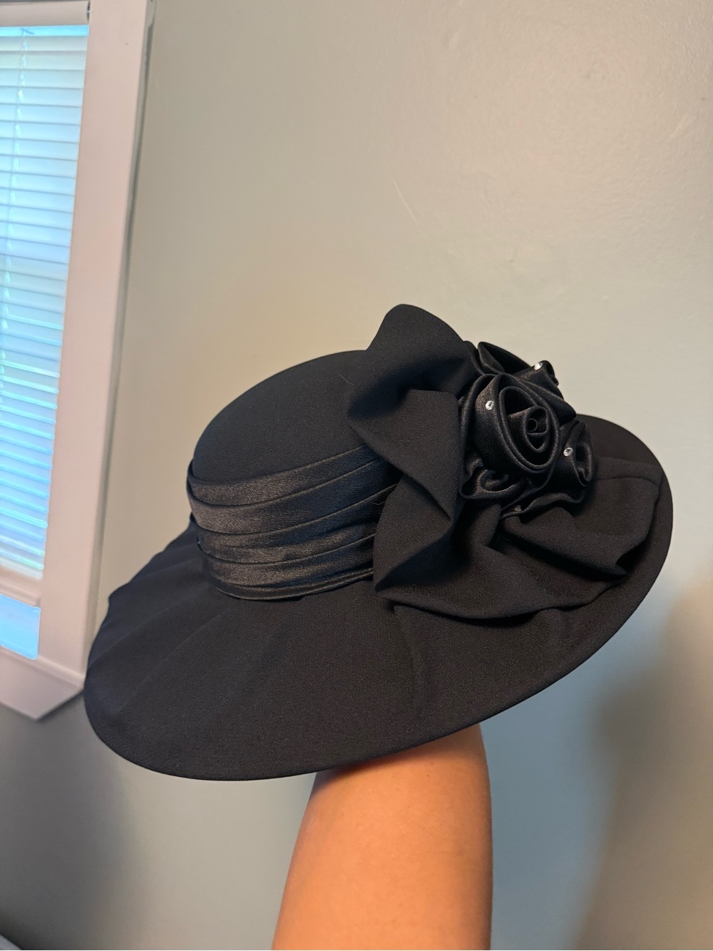 Black Women's Dress Hat with Floral Rosette Accent